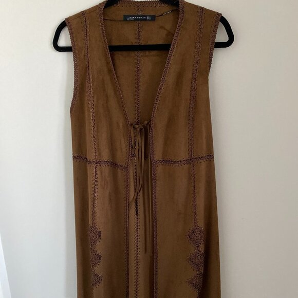 EUC ZARA WOMEN EMBROIDED VEST SLEEVELESS TIE-UP TOP BROWN SIZE S - Picture 1 of 9